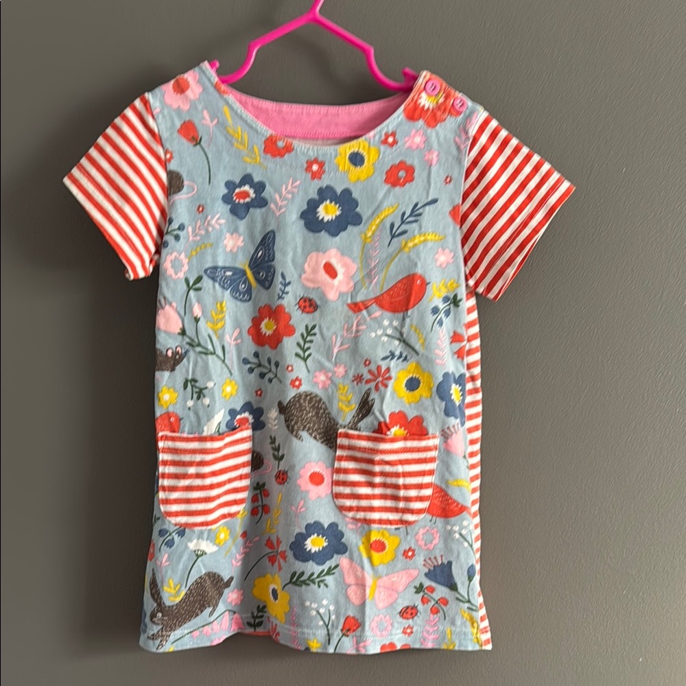 Vibrant Red and Blue Casual Dress with Playful Patterns